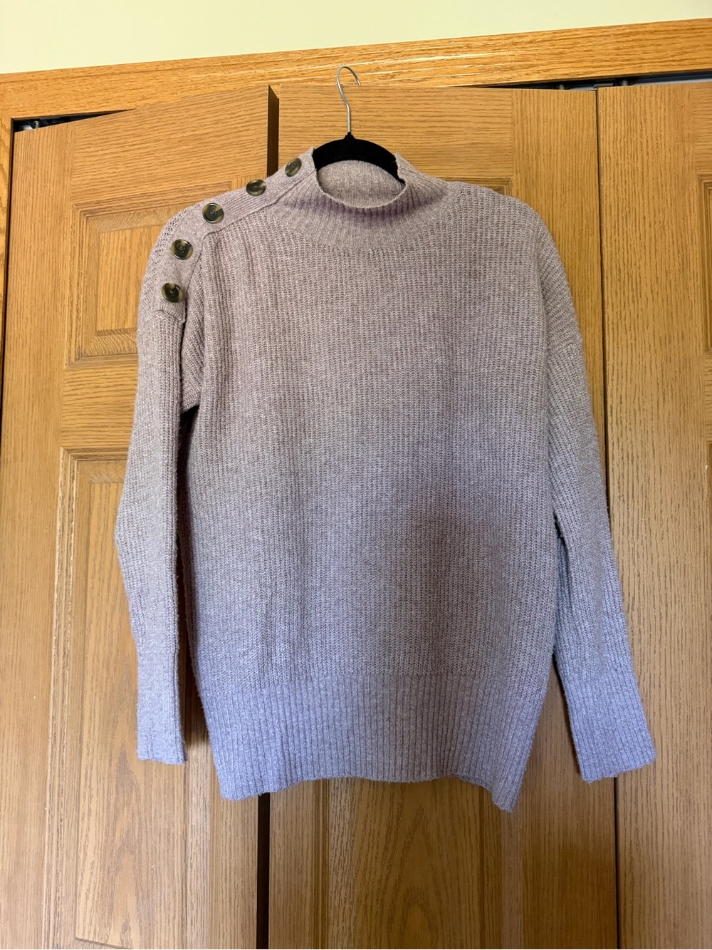 Pink Rose Light Mauve Button-Shoulder Mock Neck Sweater